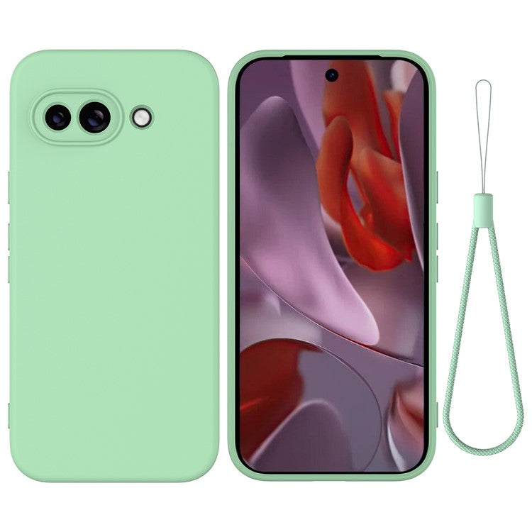 For Google Pixel 9a Case Liquid Silicone Phone Back Cover with Hand Strap - Green