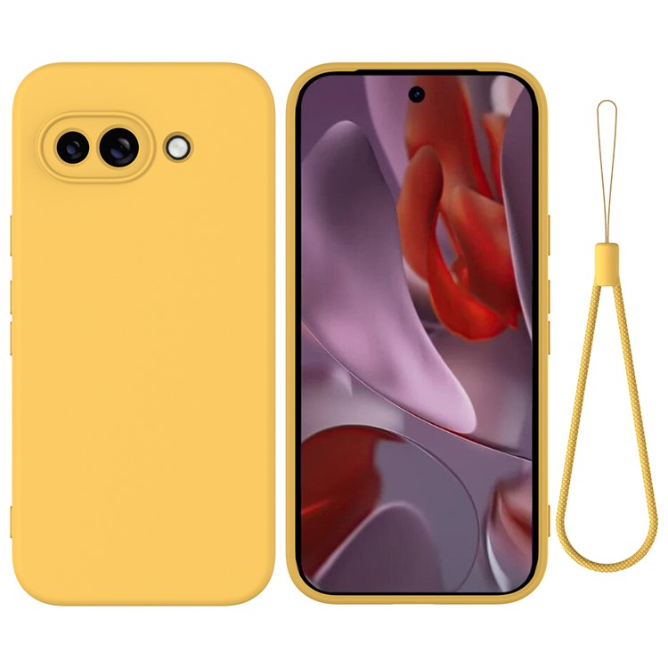 For Google Pixel 9a Case Liquid Silicone Phone Back Cover with Hand Strap - Yellow