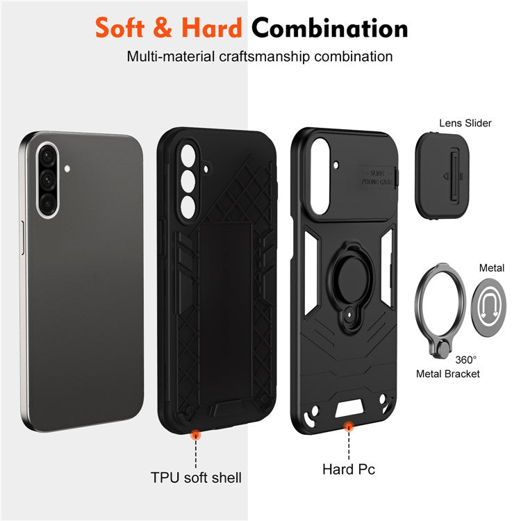 For Samsung Galaxy A36 5G Case Slide Camshield Kickstand PC+TPU Phone Cover - Black