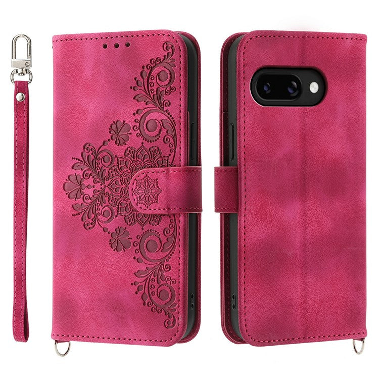 For Google Pixel 9a Case Flower Pattern PU Leather Wallet Phone Cover with Strap - Wine Red