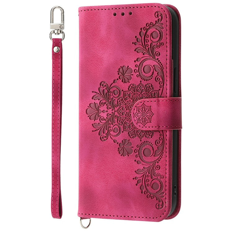 For Google Pixel 9a Case Flower Pattern PU Leather Wallet Phone Cover with Strap - Wine Red