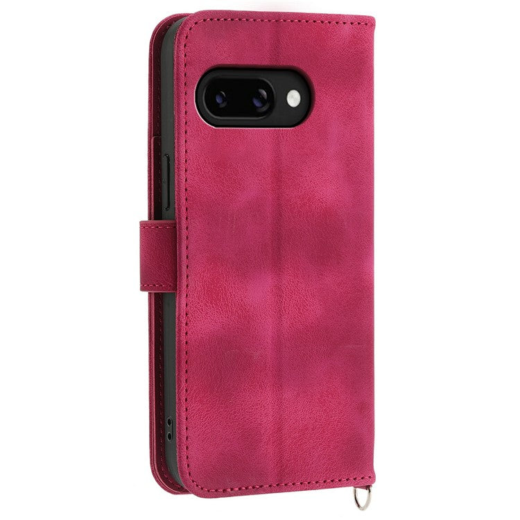 For Google Pixel 9a Case Flower Pattern PU Leather Wallet Phone Cover with Strap - Wine Red