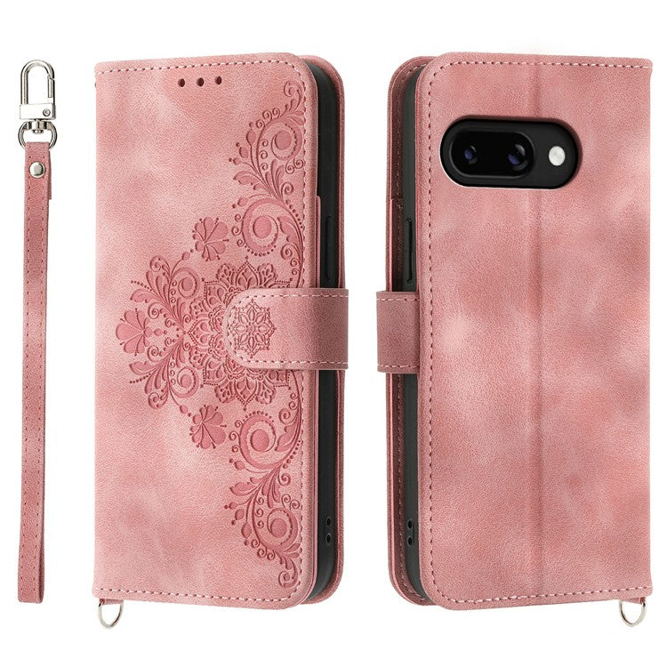 For Google Pixel 9a Case Flower Pattern PU Leather Wallet Phone Cover with Strap - Pink