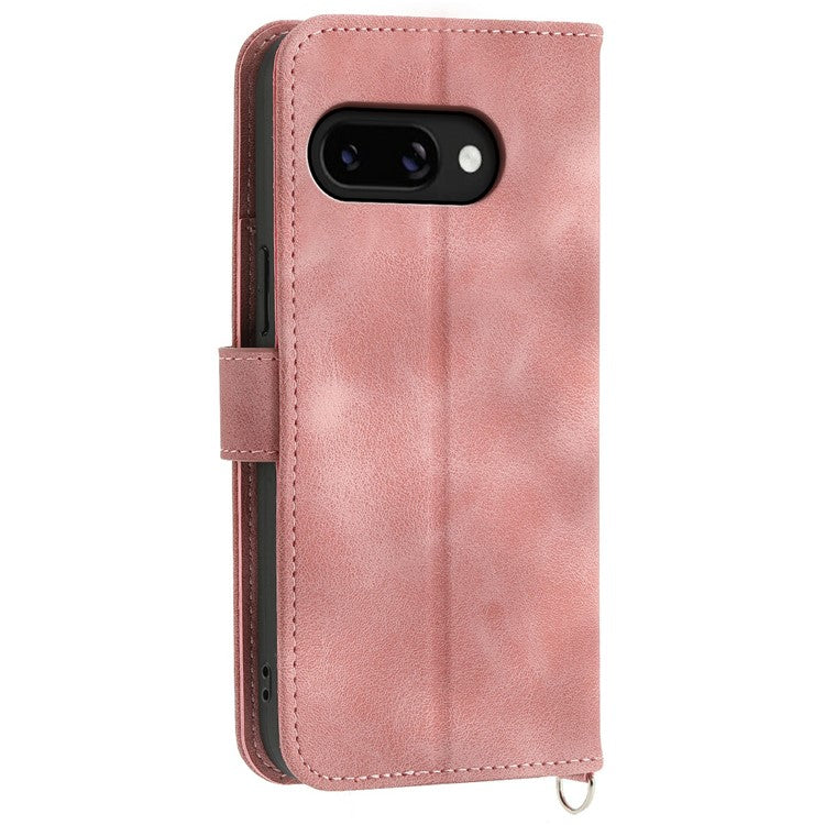 For Google Pixel 9a Case Flower Pattern PU Leather Wallet Phone Cover with Strap - Pink