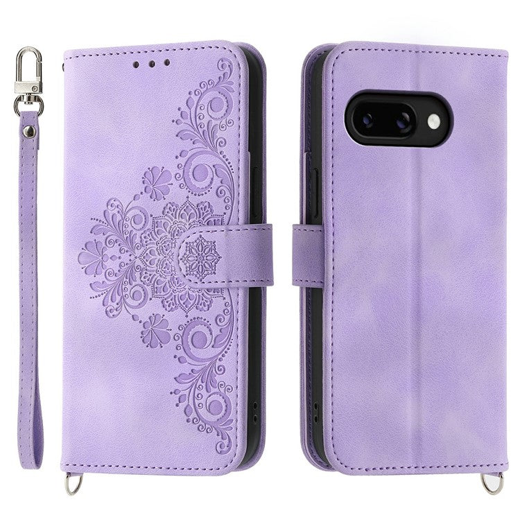 For Google Pixel 9a Case Flower Pattern PU Leather Wallet Phone Cover with Strap - Light Purple