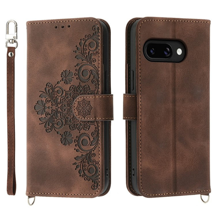 For Google Pixel 9a Case Flower Pattern PU Leather Wallet Phone Cover with Strap - Brown