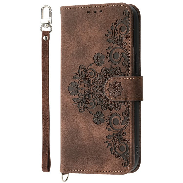 For Google Pixel 9a Case Flower Pattern PU Leather Wallet Phone Cover with Strap - Brown