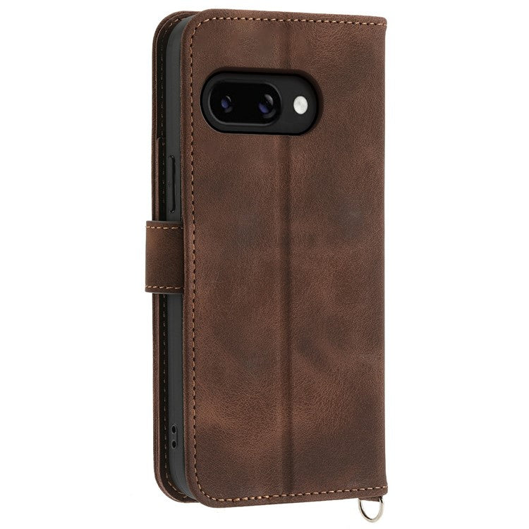 For Google Pixel 9a Case Flower Pattern PU Leather Wallet Phone Cover with Strap - Brown