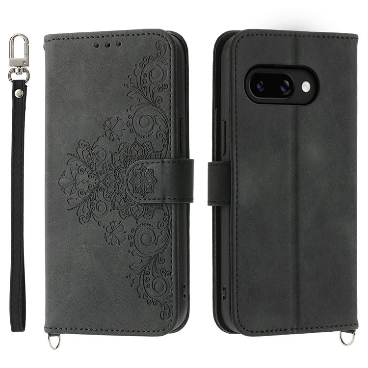 For Google Pixel 9a Case Flower Pattern PU Leather Wallet Phone Cover with Strap - Black