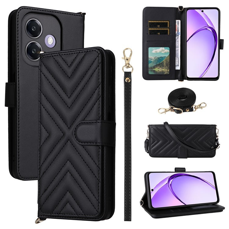 Wallet Phone Case for Oppo A3x 4G / 5G (India) / A3 4G / 5G / A40 4G / A40M 4G / A60 5G / A3i 5G Leather Cover with Shoulder Strap - Black