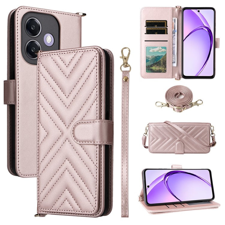 Wallet Phone Case for Oppo A3x 4G / 5G (India) / A3 4G / 5G / A40 4G / A40M 4G / A60 5G / A3i 5G Leather Cover with Shoulder Strap - Pink