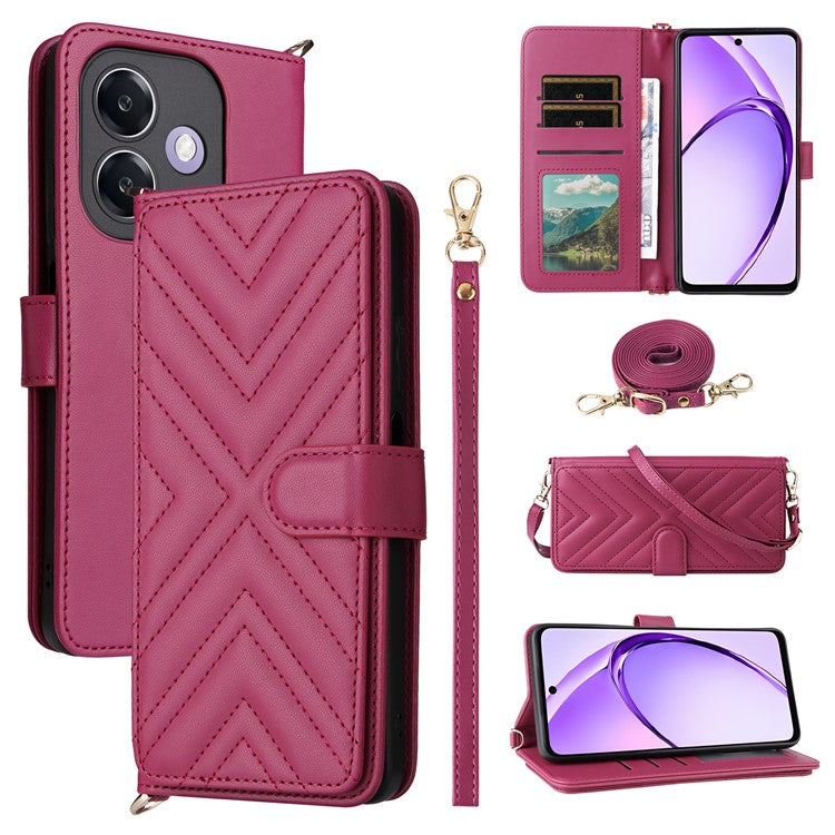 Wallet Phone Case for Oppo A3x 4G / 5G (India) / A3 4G / 5G / A40 4G / A40M 4G / A60 5G / A3i 5G Leather Cover with Shoulder Strap - Rose