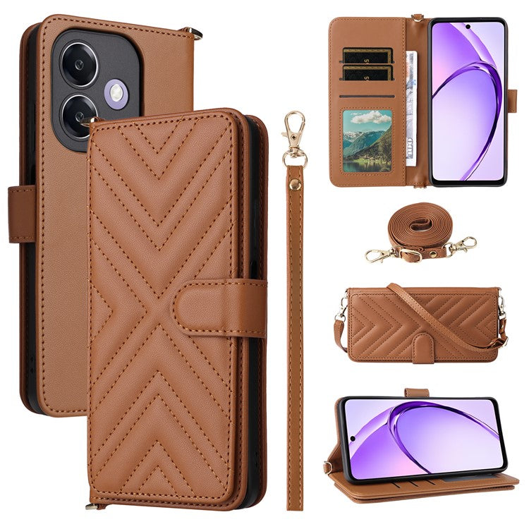 Wallet Phone Case for Oppo A3x 4G / 5G (India) / A3 4G / 5G / A40 4G / A40M 4G / A60 5G / A3i 5G Leather Cover with Shoulder Strap - Brown