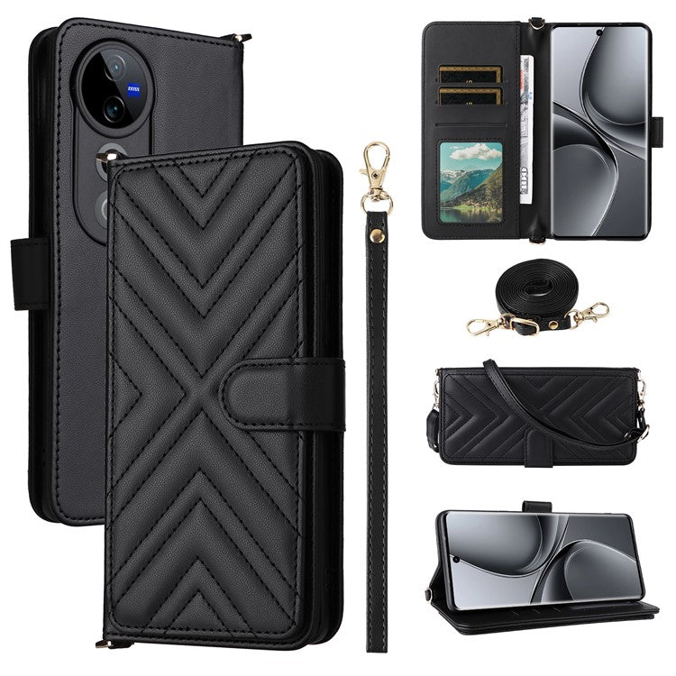 Wallet Phone Case for vivo T3 Ultra 5G  / V40 Pro 5G  / V40 5G  / S19 Pro 5G Leather Cover with Shoulder Strap - Black