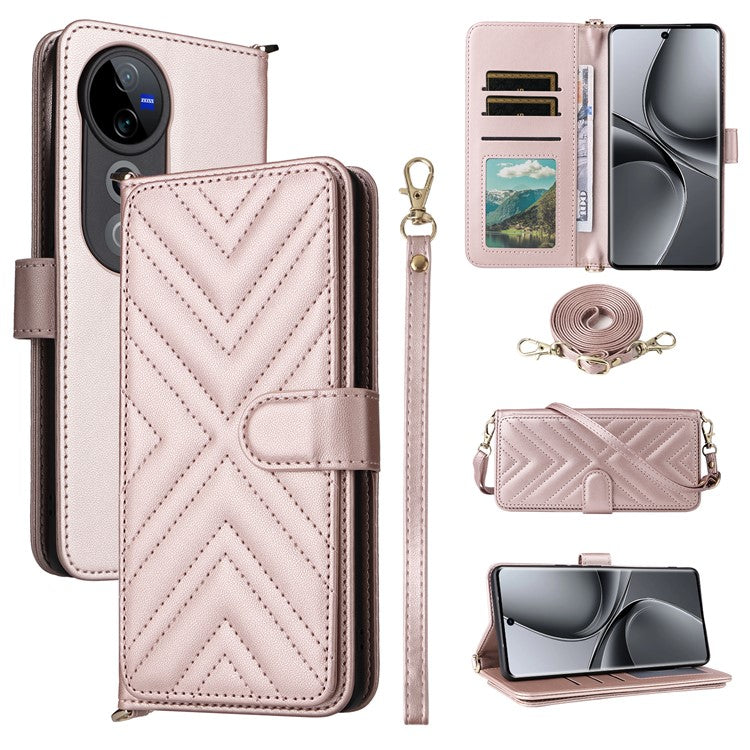 Wallet Phone Case for vivo T3 Ultra 5G  / V40 Pro 5G  / V40 5G  / S19 Pro 5G Leather Cover with Shoulder Strap - Pink