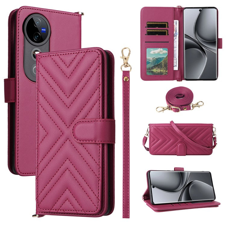 Wallet Phone Case for vivo T3 Ultra 5G  / V40 Pro 5G  / V40 5G  / S19 Pro 5G Leather Cover with Shoulder Strap - Rose