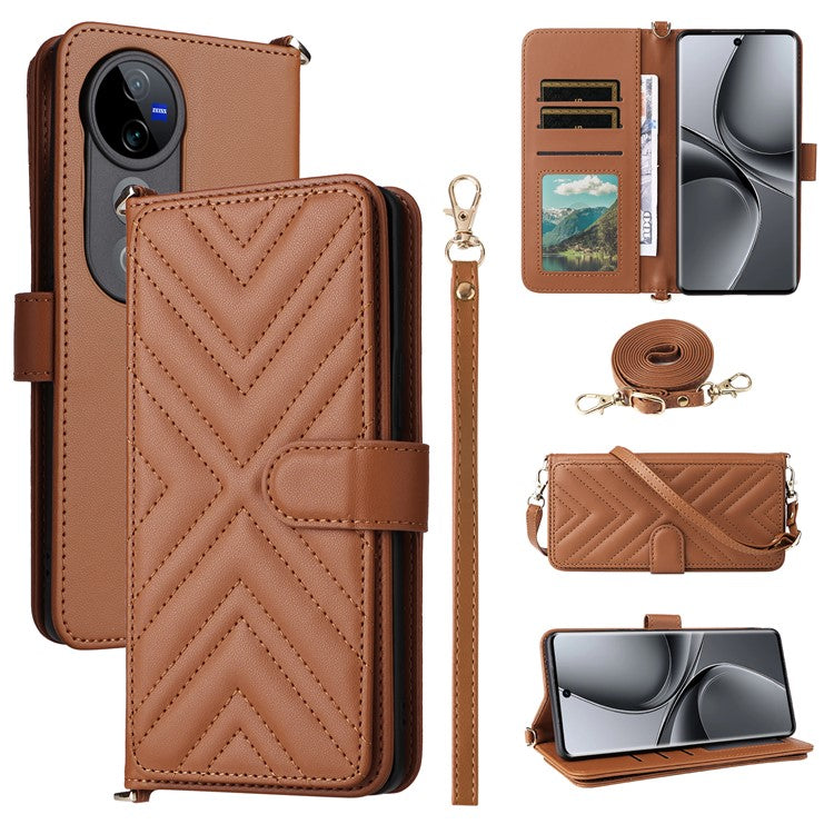 Wallet Phone Case for vivo T3 Ultra 5G  / V40 Pro 5G  / V40 5G  / S19 Pro 5G Leather Cover with Shoulder Strap - Brown