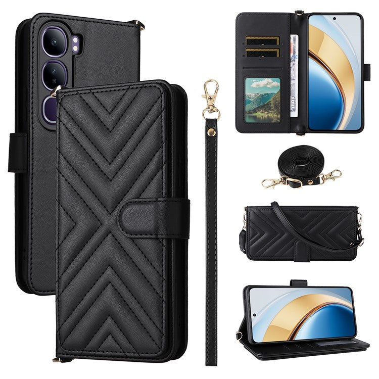 Wallet Phone Case for vivo Y300 5G / Y200 5G / V40 Lite (Indonesia) 5G / 4G Leather Cover with Shoulder Strap - Black