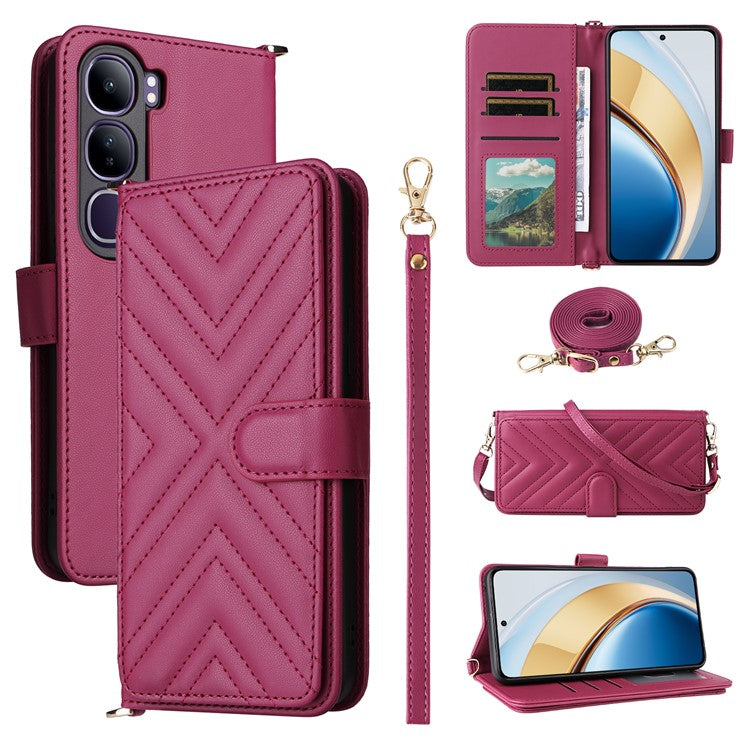 Wallet Phone Case for vivo Y300 5G / Y200 5G / V40 Lite (Indonesia) 5G / 4G Leather Cover with Shoulder Strap - Rose