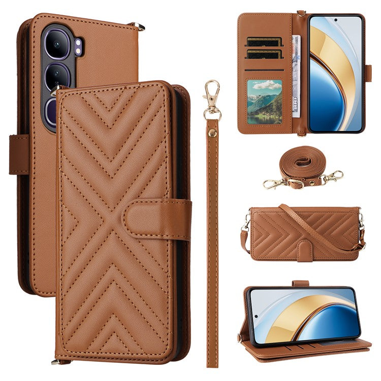 Wallet Phone Case for vivo Y300 5G / Y200 5G / V40 Lite (Indonesia) 5G / 4G Leather Cover with Shoulder Strap - Brown