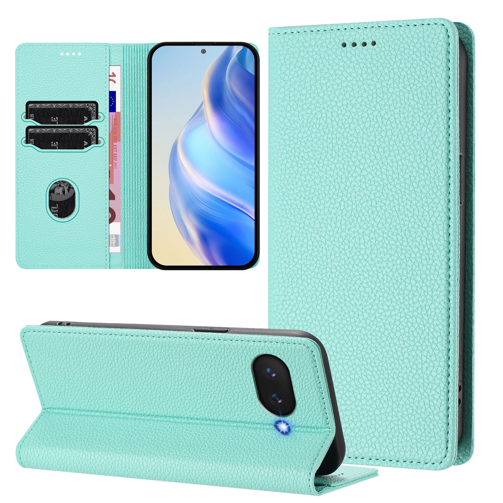 For Google Pixel 9a Wallet Case RFID Blocking Litchi Texture Leather Mobile Cover - Mint Green