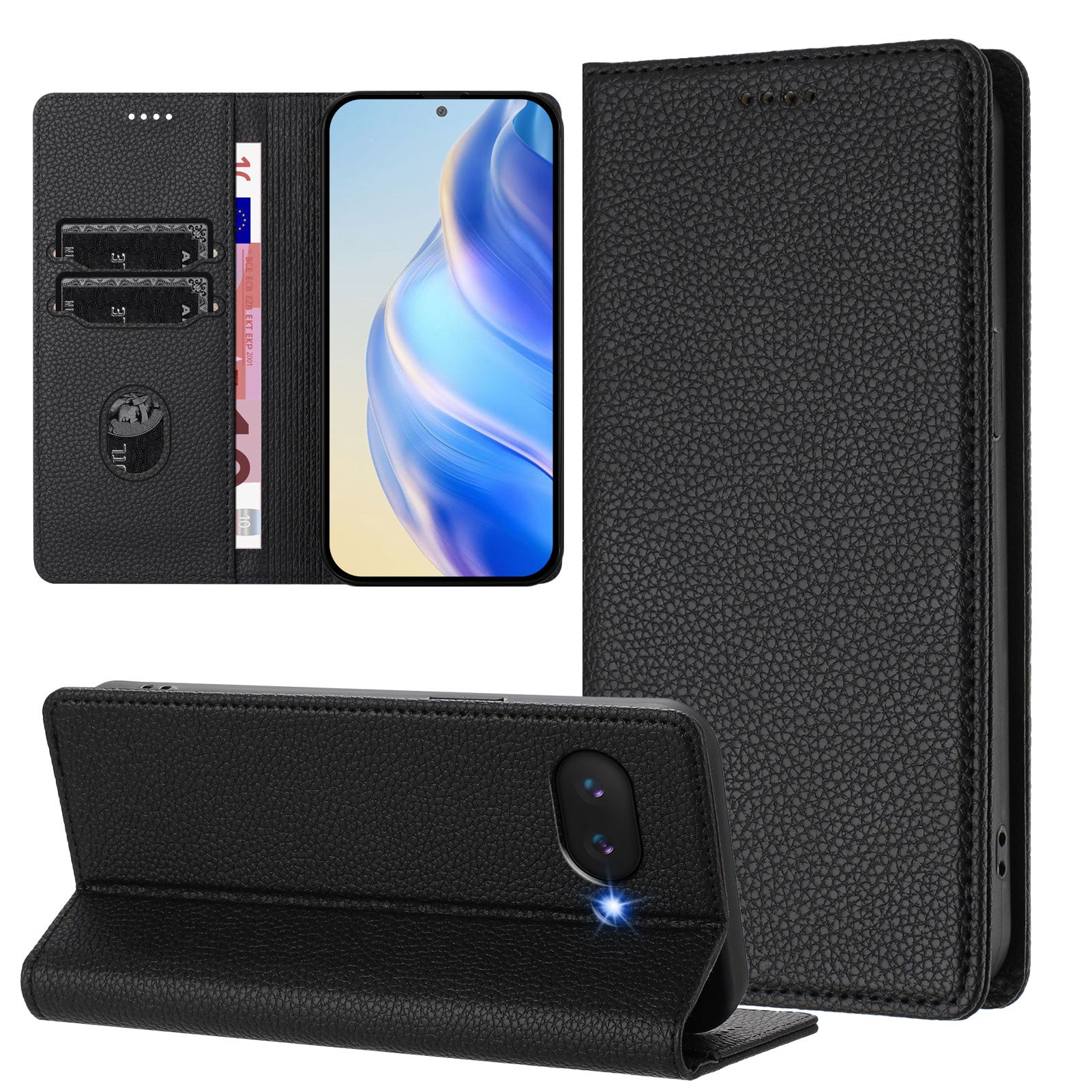 For Google Pixel 9a Wallet Case RFID Blocking Litchi Texture Leather Mobile Cover - Black