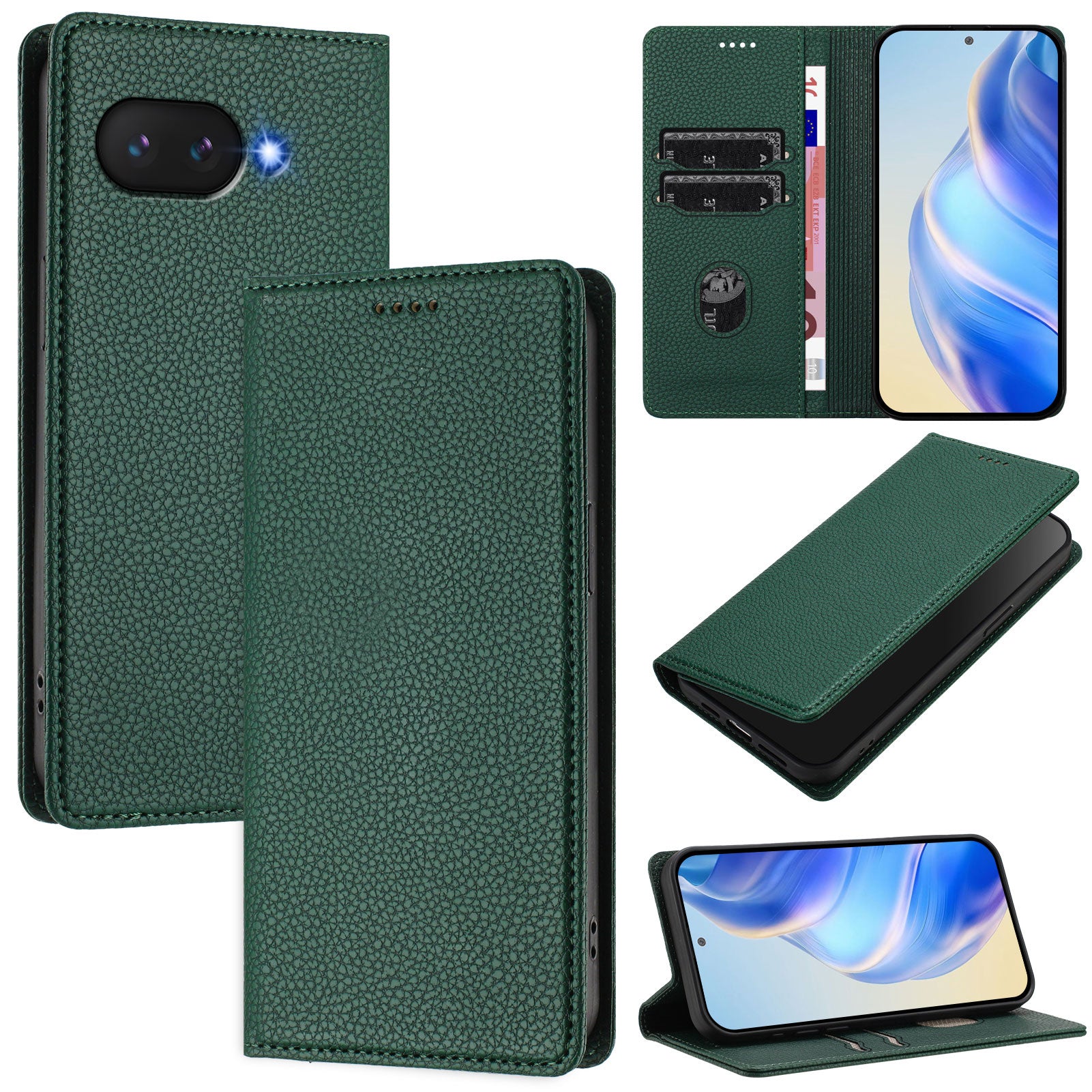 For Google Pixel 9a Wallet Case RFID Blocking Litchi Texture Leather Mobile Cover - Dark Green