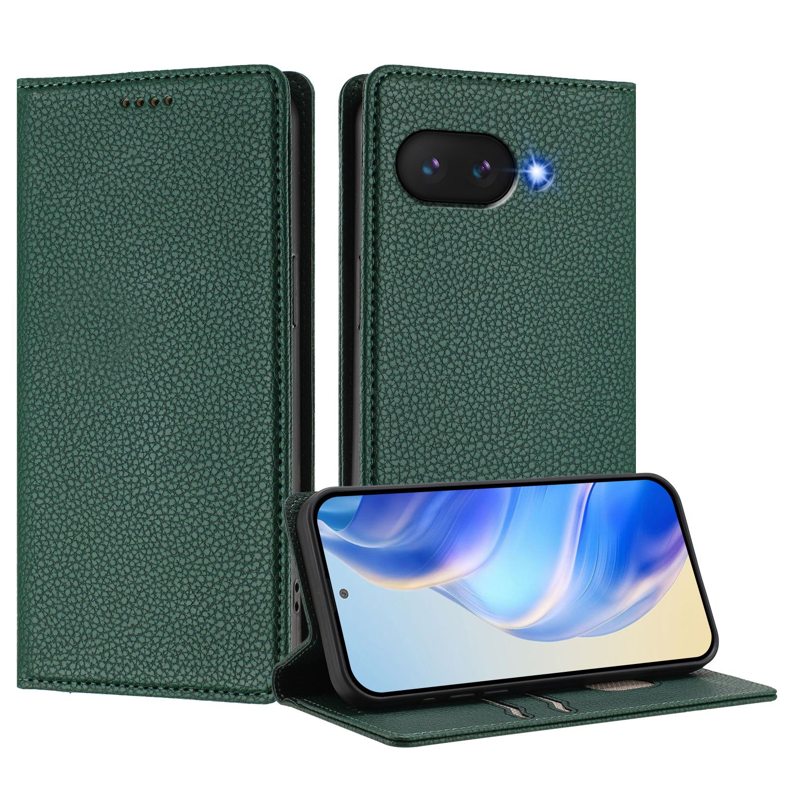 For Google Pixel 9a Wallet Case RFID Blocking Litchi Texture Leather Mobile Cover - Dark Green