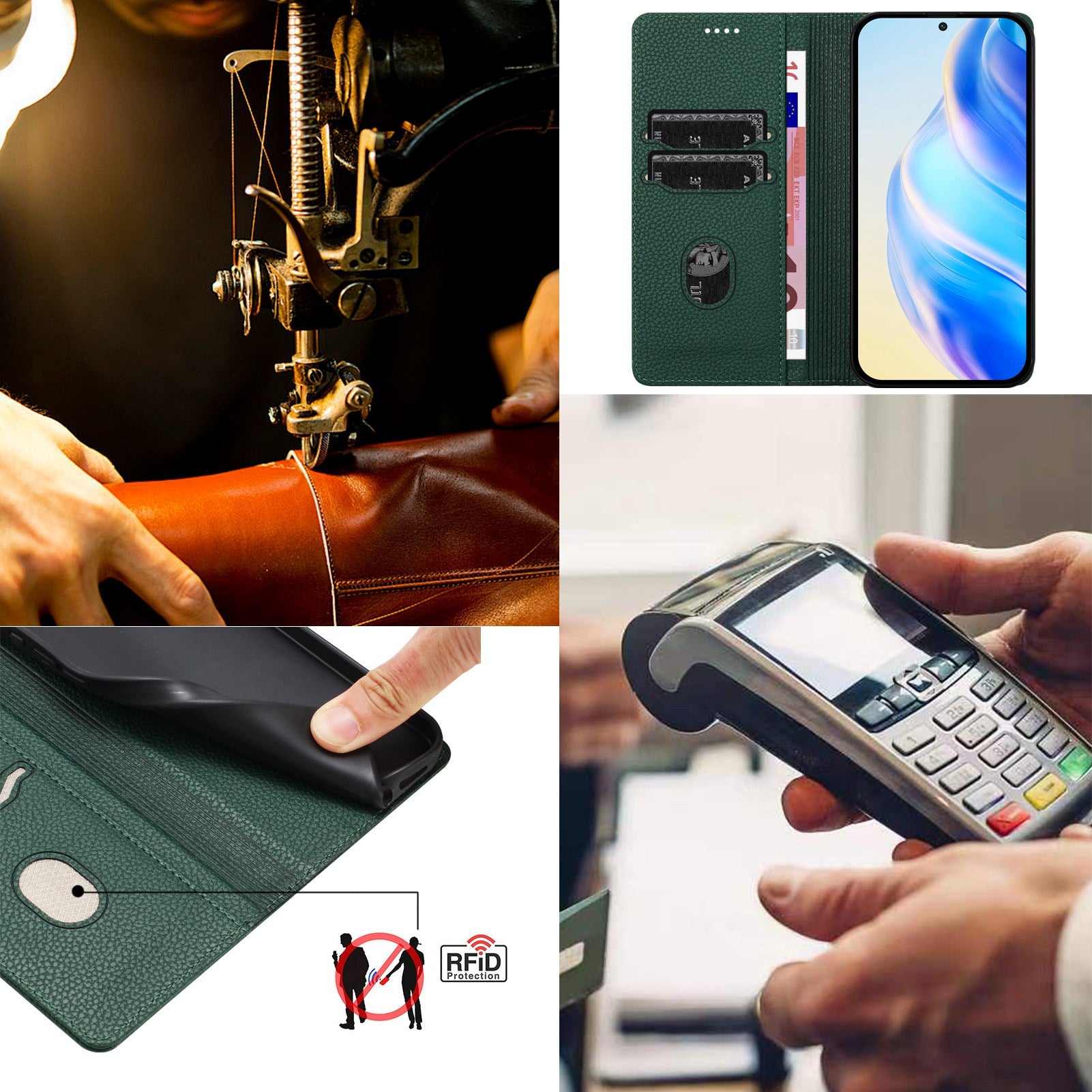 For Google Pixel 9a Wallet Case RFID Blocking Litchi Texture Leather Mobile Cover - Dark Green