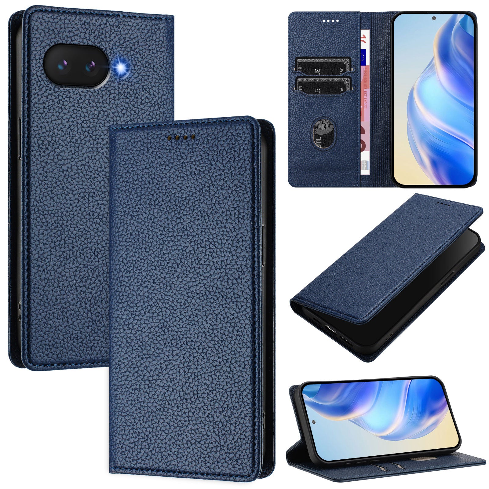 For Google Pixel 9a Wallet Case RFID Blocking Litchi Texture Leather Mobile Cover - Dark Blue