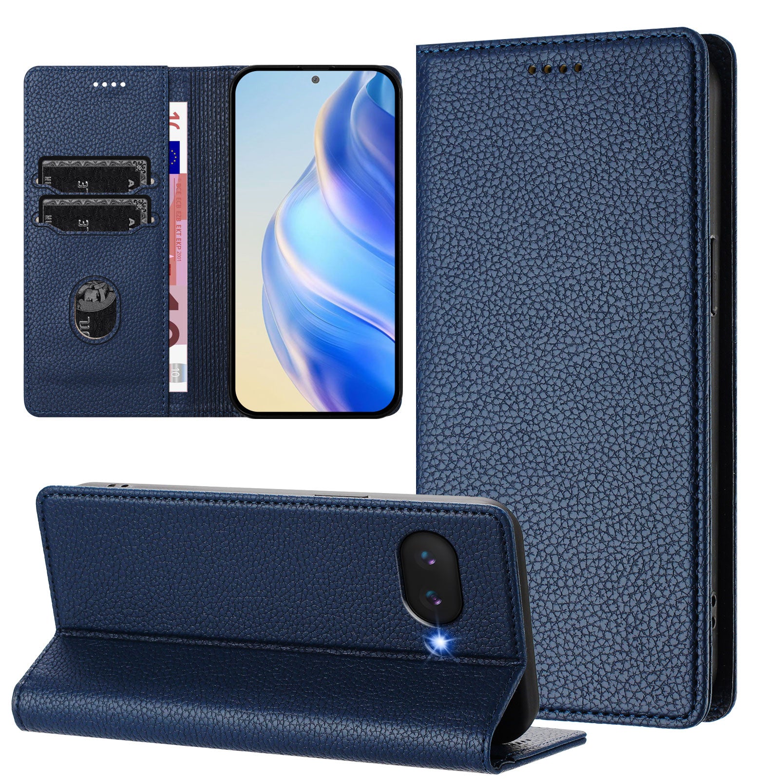 For Google Pixel 9a Wallet Case RFID Blocking Litchi Texture Leather Mobile Cover - Dark Blue