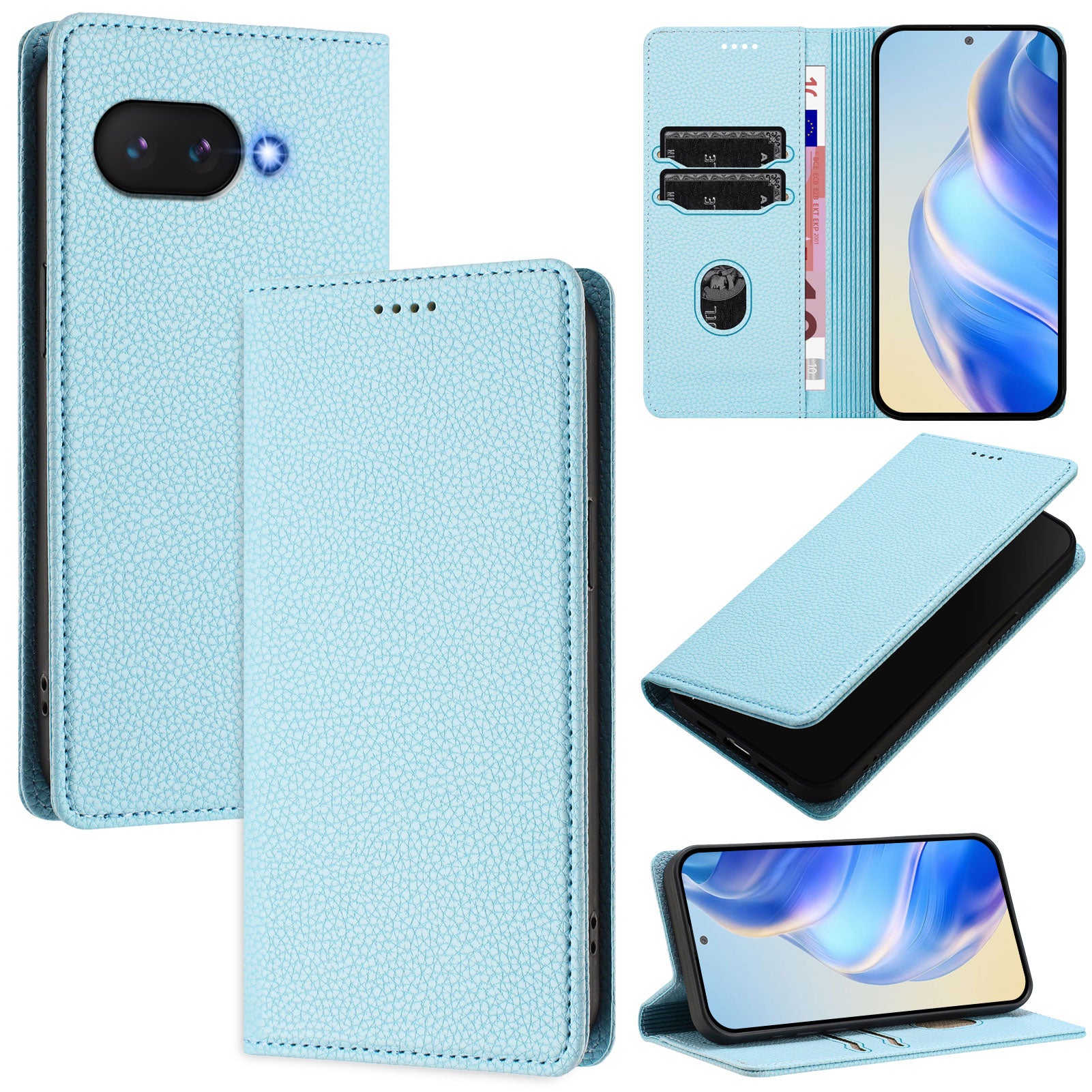 For Google Pixel 9a Wallet Case RFID Blocking Litchi Texture Leather Mobile Cover - Baby Blue