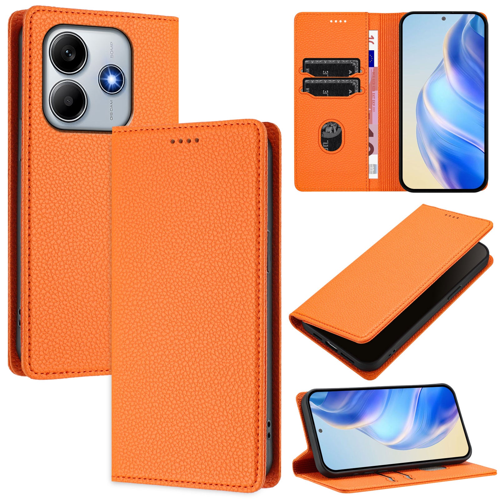 For Xiaomi Redmi Note 14 5G Wallet Case RFID Blocking Litchi Texture Leather Mobile Cover - Orange