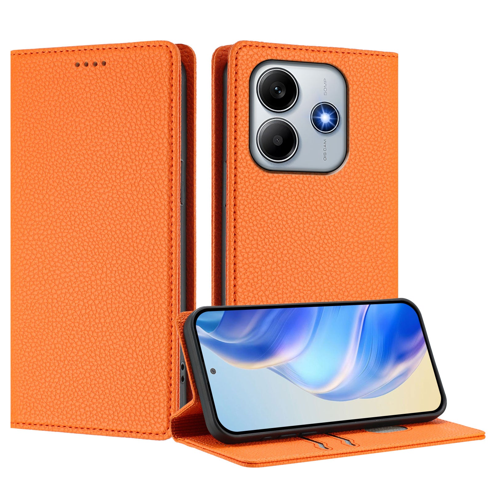 For Xiaomi Redmi Note 14 5G Wallet Case RFID Blocking Litchi Texture Leather Mobile Cover - Orange