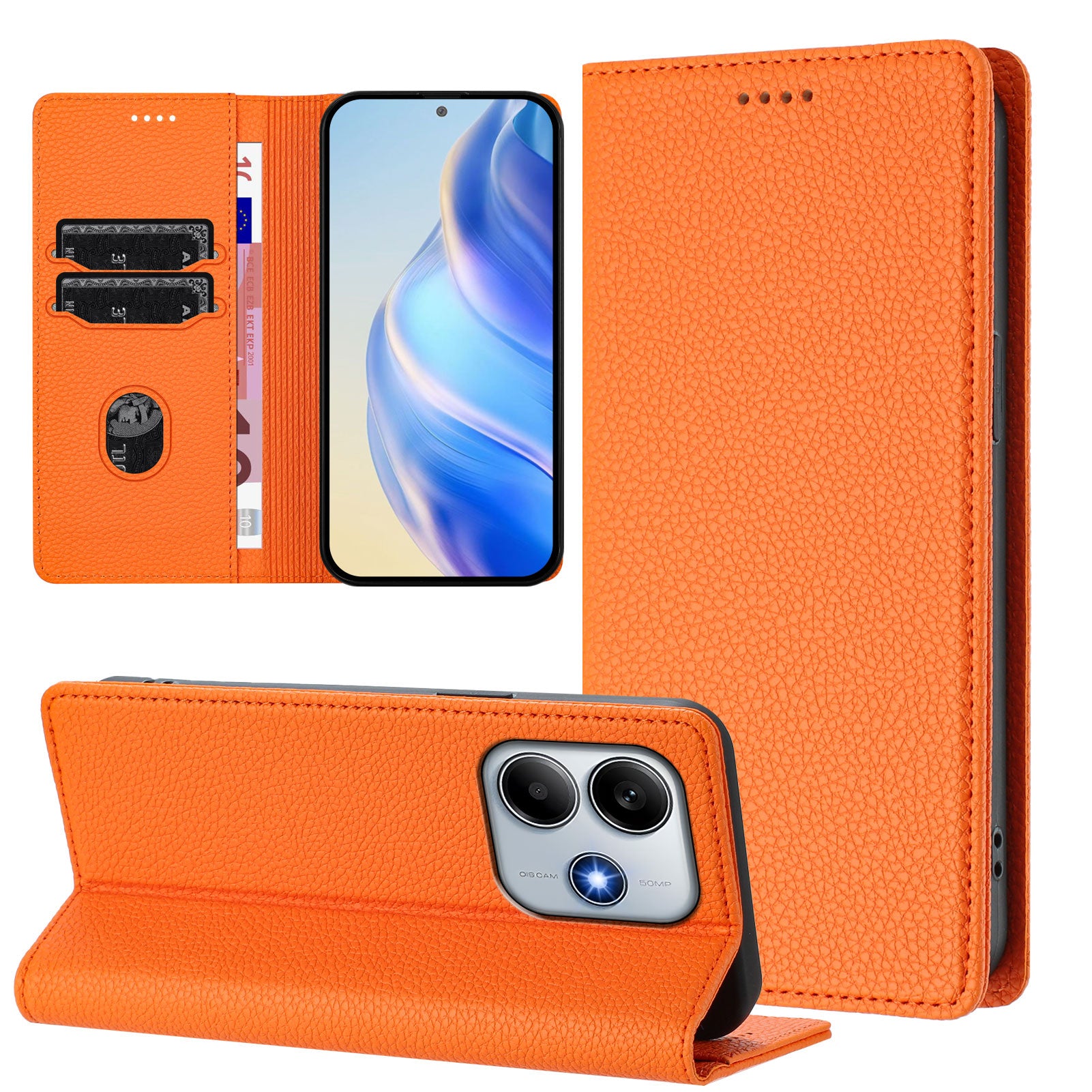 For Xiaomi Redmi Note 14 5G Wallet Case RFID Blocking Litchi Texture Leather Mobile Cover - Orange