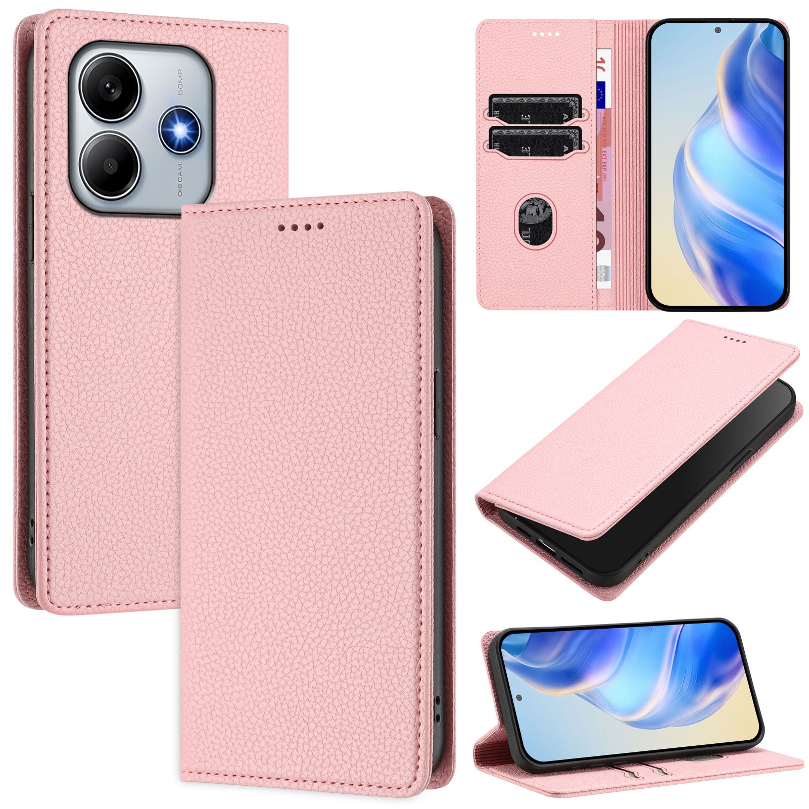 For Xiaomi Redmi Note 14 5G Wallet Case RFID Blocking Litchi Texture Leather Mobile Cover - Pink