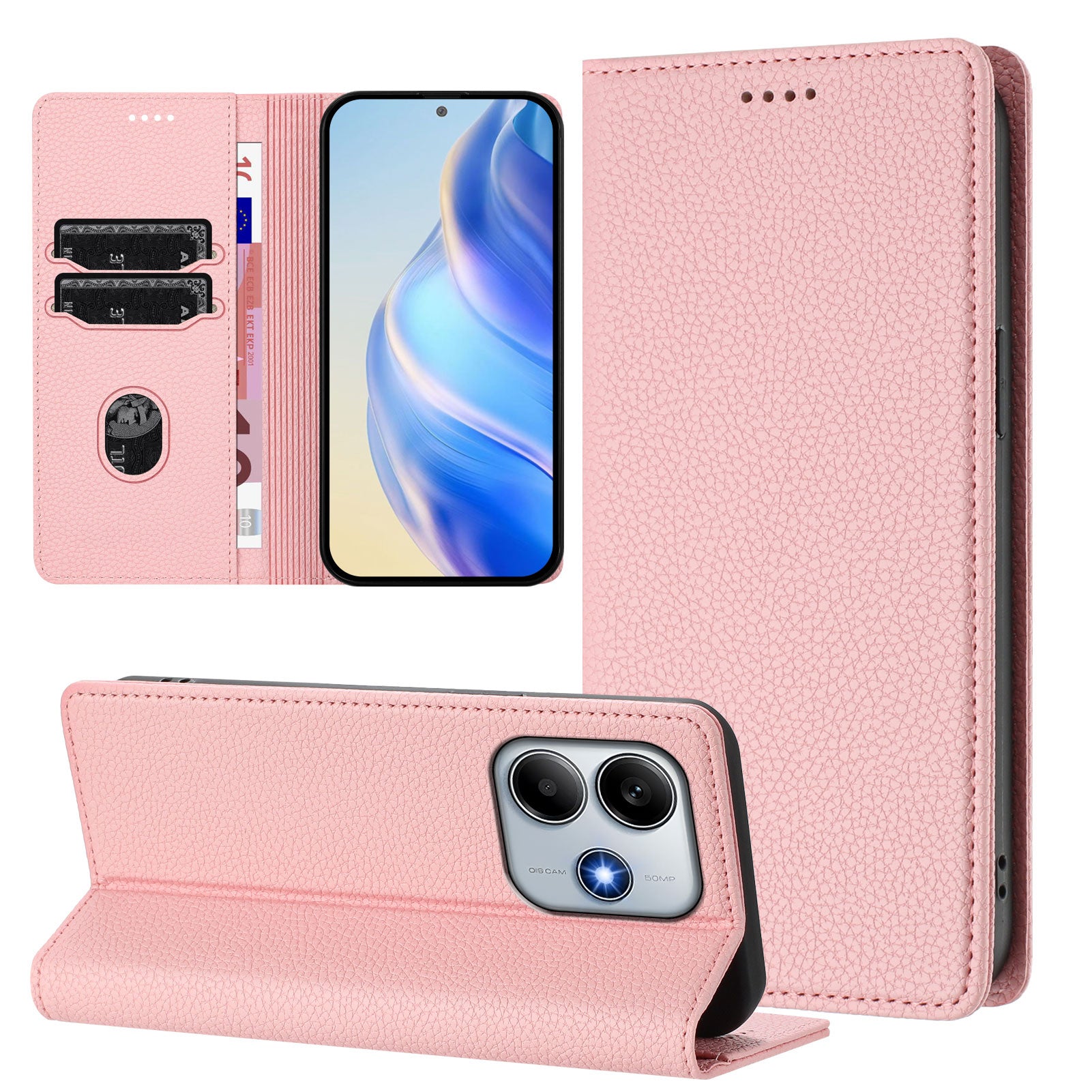 For Xiaomi Redmi Note 14 5G Wallet Case RFID Blocking Litchi Texture Leather Mobile Cover - Pink