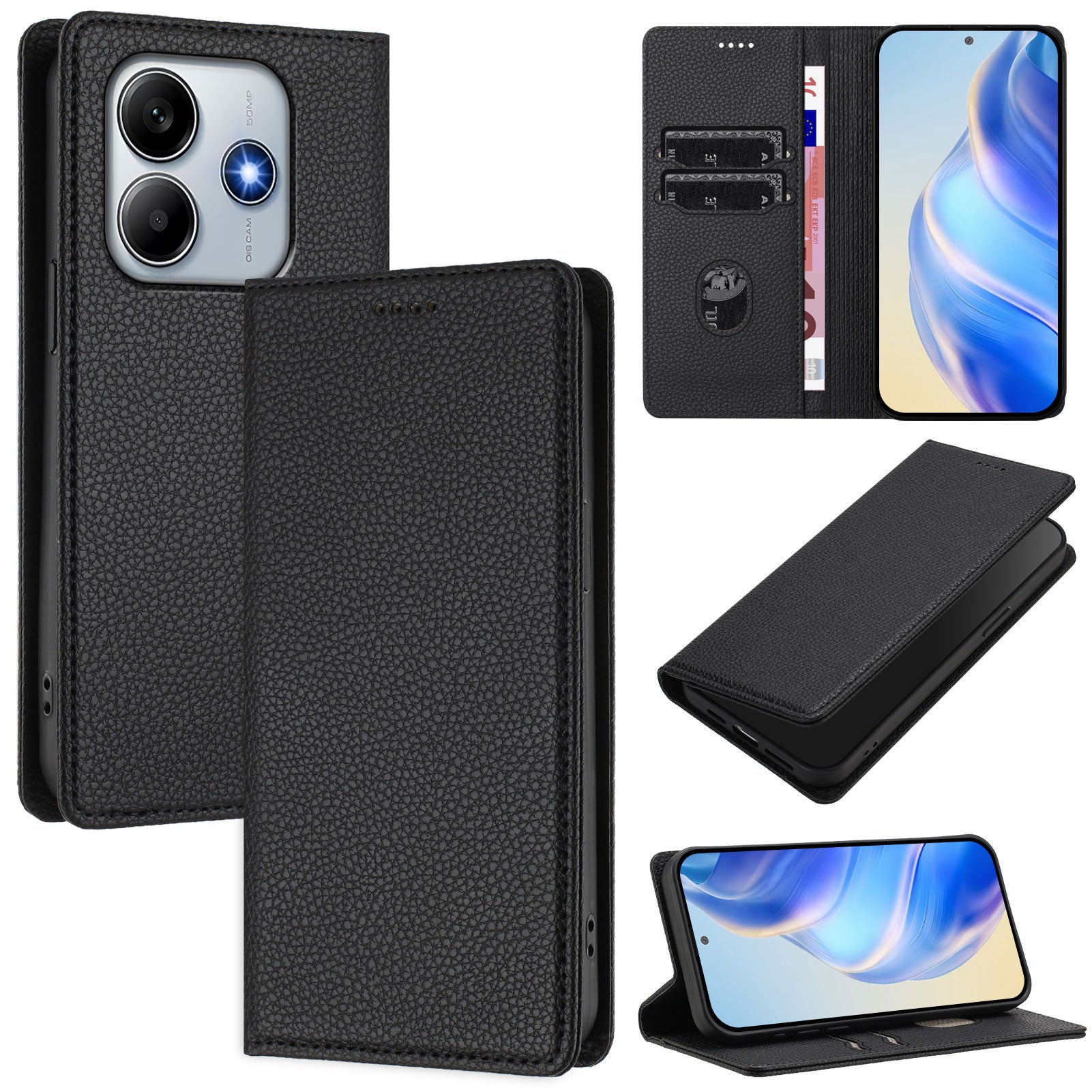 For Xiaomi Redmi Note 14 5G Wallet Case RFID Blocking Litchi Texture Leather Mobile Cover - Black