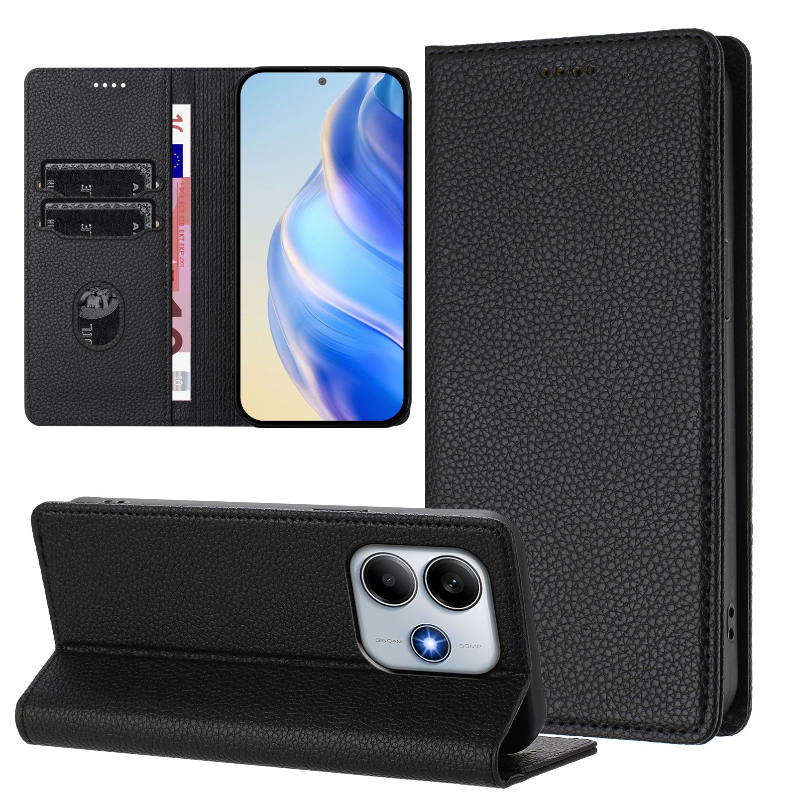 For Xiaomi Redmi Note 14 5G Wallet Case RFID Blocking Litchi Texture Leather Mobile Cover - Black