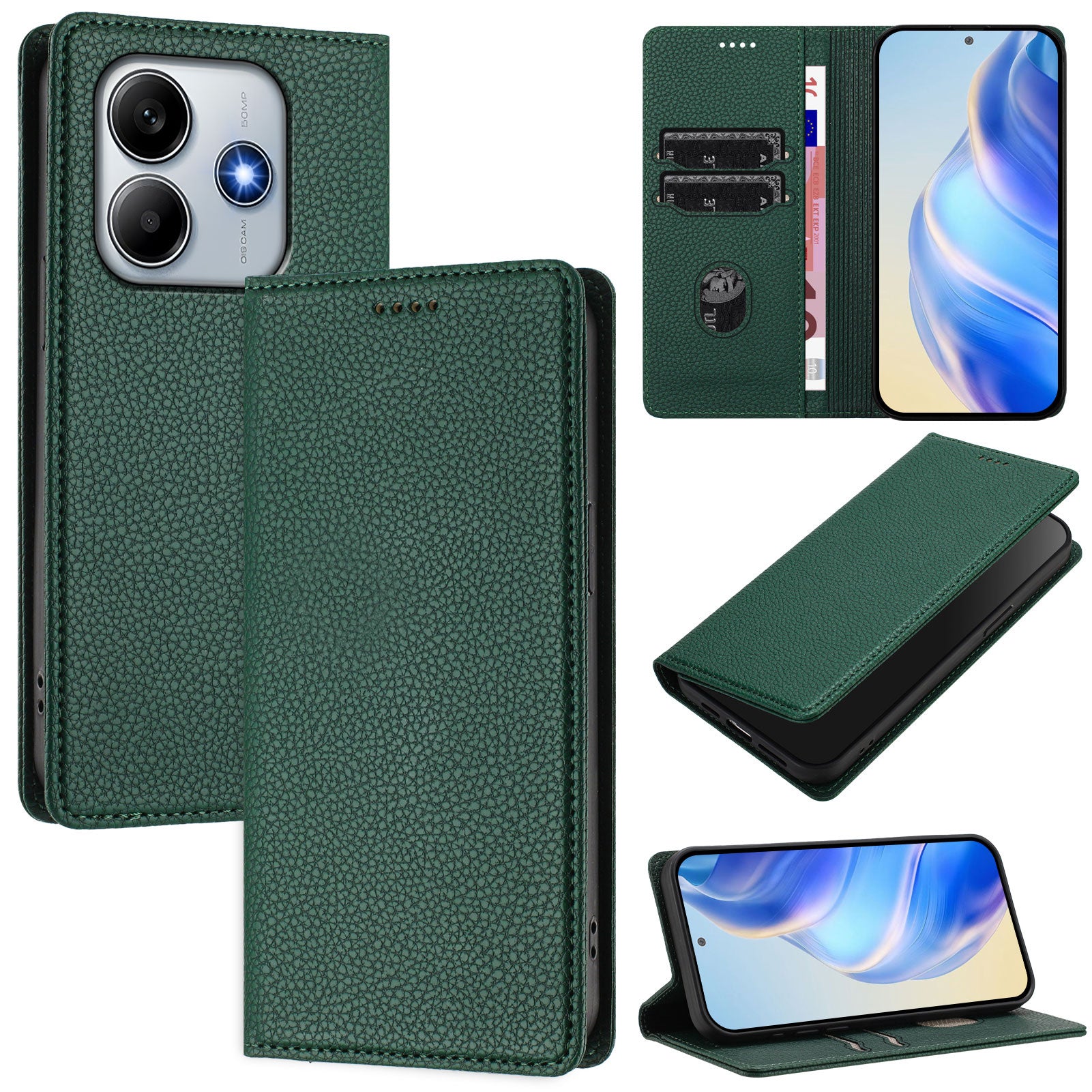 For Xiaomi Redmi Note 14 5G Wallet Case RFID Blocking Litchi Texture Leather Mobile Cover - Dark Green