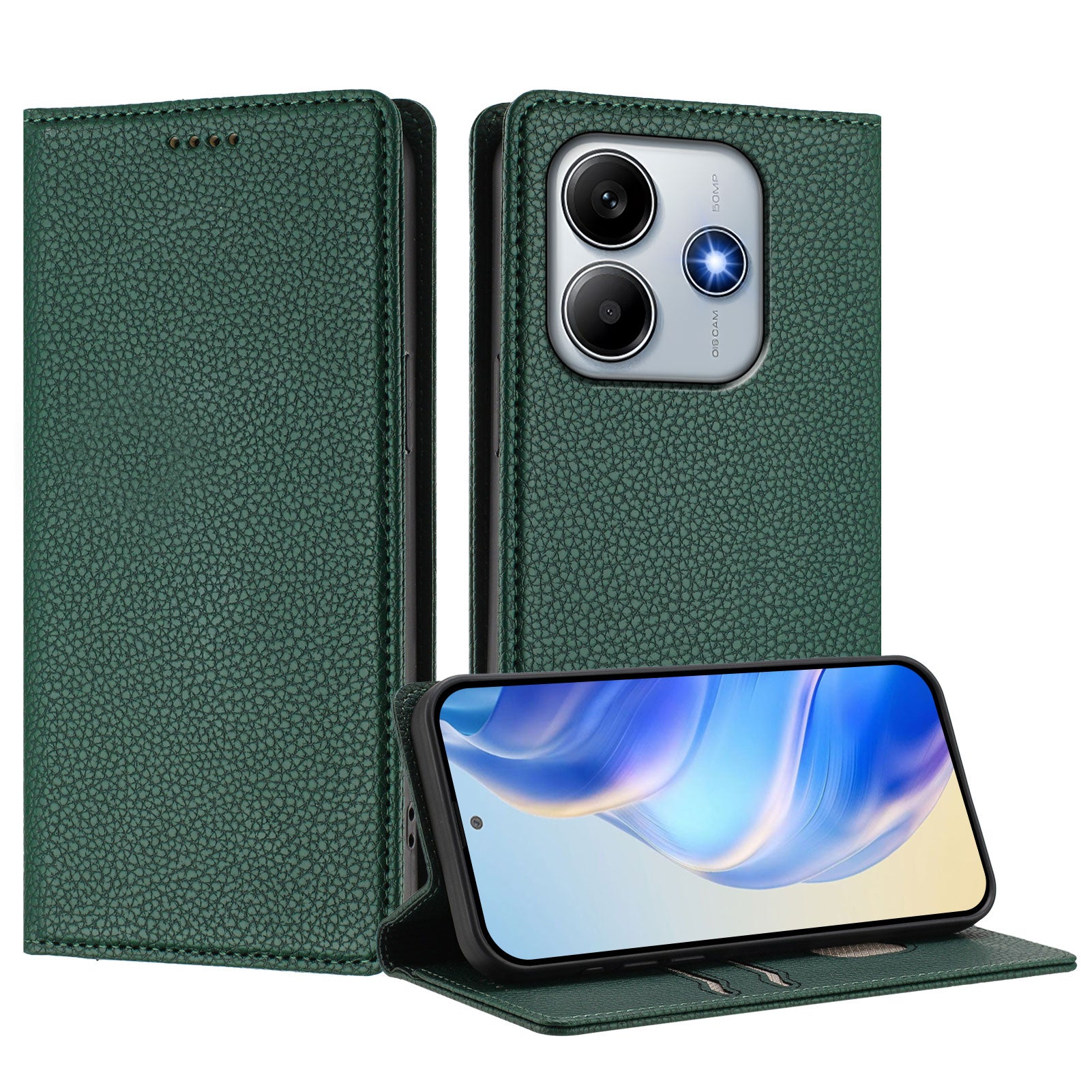 For Xiaomi Redmi Note 14 5G Wallet Case RFID Blocking Litchi Texture Leather Mobile Cover - Dark Green