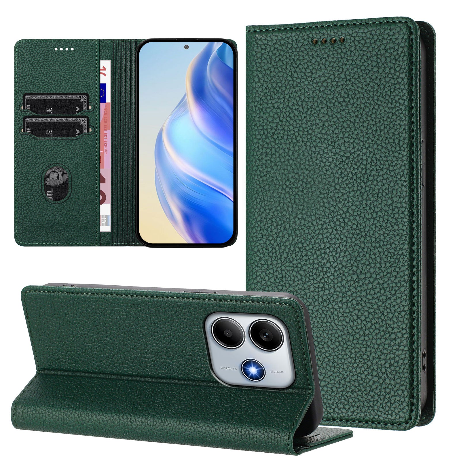 For Xiaomi Redmi Note 14 5G Wallet Case RFID Blocking Litchi Texture Leather Mobile Cover - Dark Green