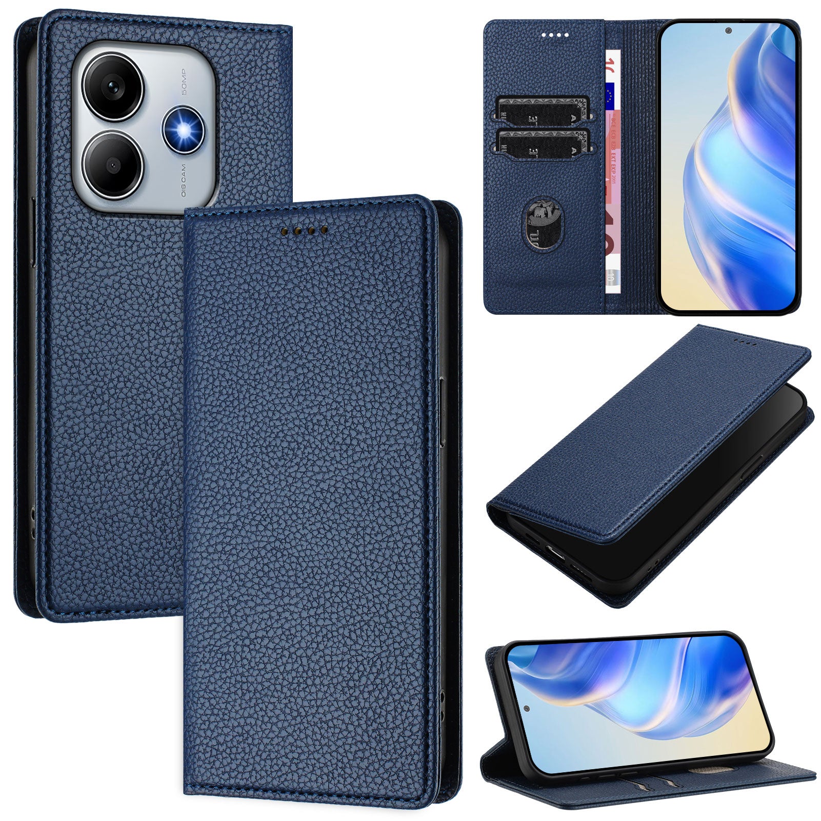 For Xiaomi Redmi Note 14 5G Wallet Case RFID Blocking Litchi Texture Leather Mobile Cover - Dark Blue