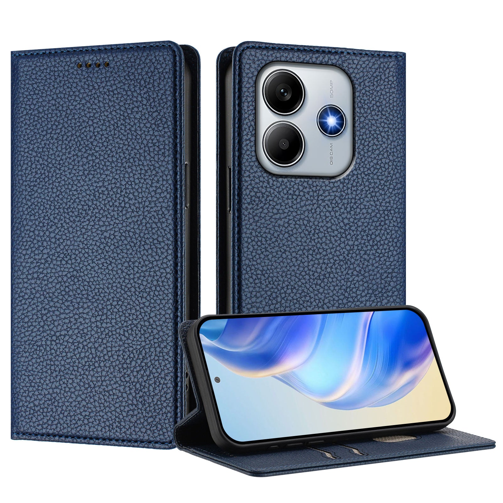 For Xiaomi Redmi Note 14 5G Wallet Case RFID Blocking Litchi Texture Leather Mobile Cover - Dark Blue