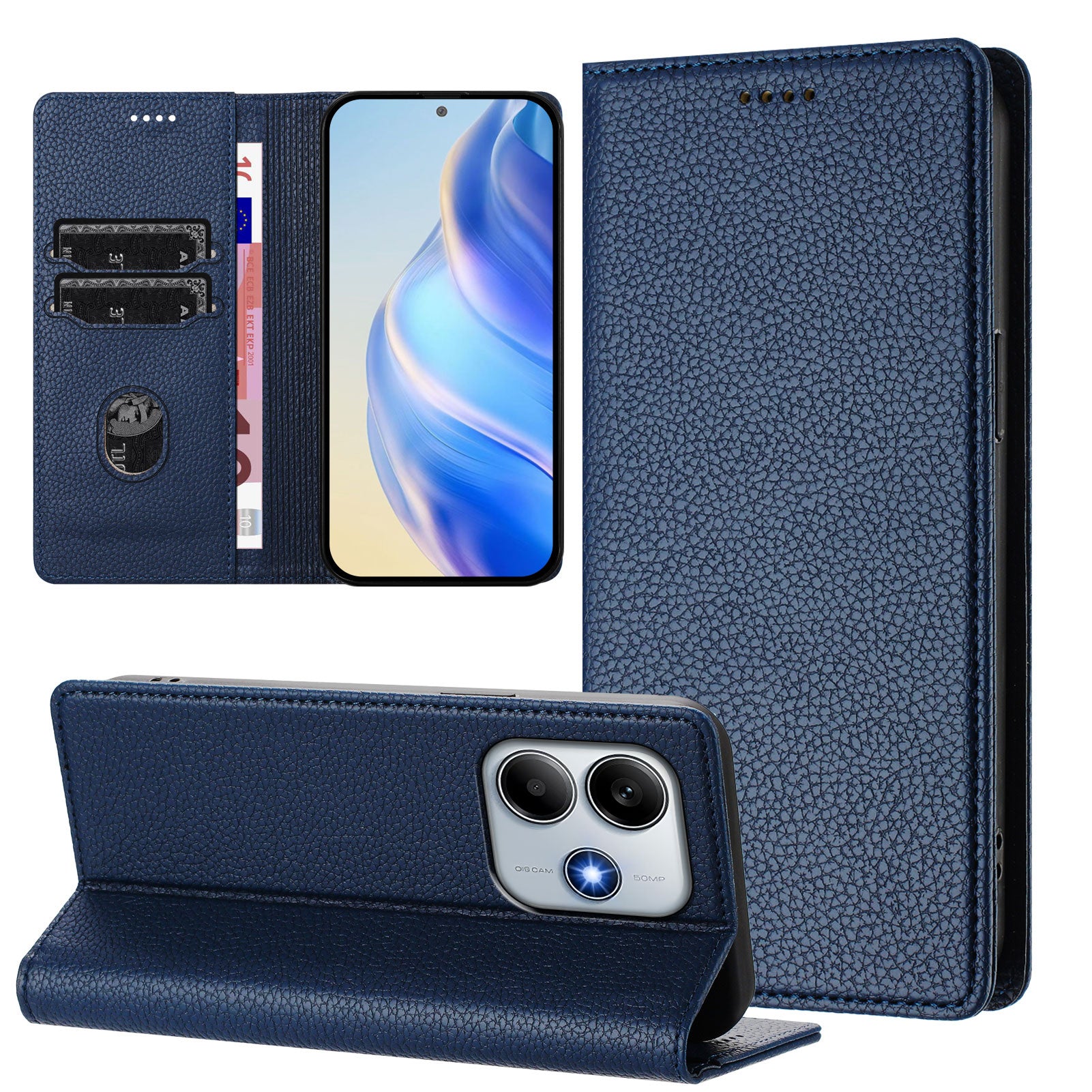 For Xiaomi Redmi Note 14 5G Wallet Case RFID Blocking Litchi Texture Leather Mobile Cover - Dark Blue