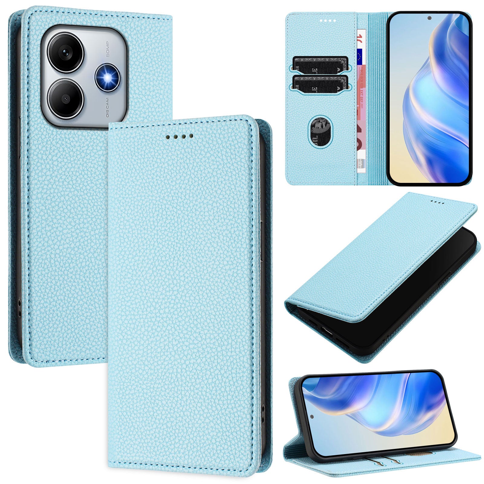 For Xiaomi Redmi Note 14 5G Wallet Case RFID Blocking Litchi Texture Leather Mobile Cover - Baby Blue