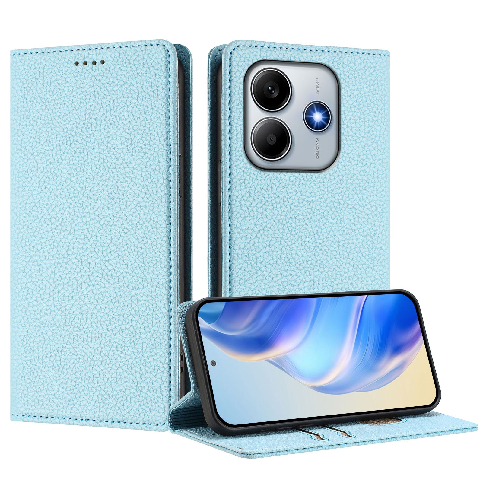 For Xiaomi Redmi Note 14 5G Wallet Case RFID Blocking Litchi Texture Leather Mobile Cover - Baby Blue