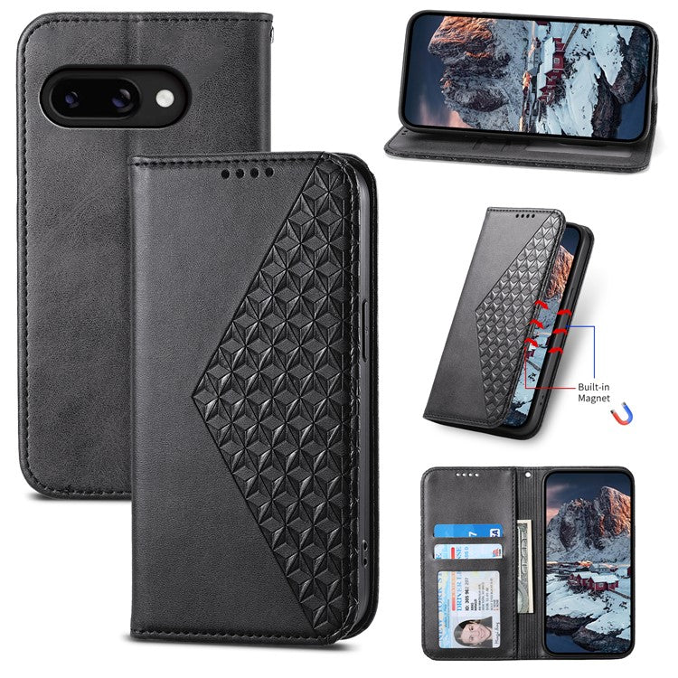 For Google Pixel 9a Case Calf Texture PU Leather Phone Cover with Wallet - Black