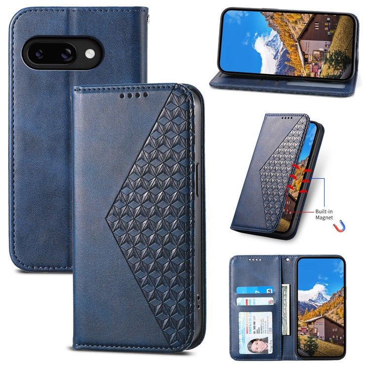 For Google Pixel 9a Case Calf Texture PU Leather Phone Cover with Wallet - Blue