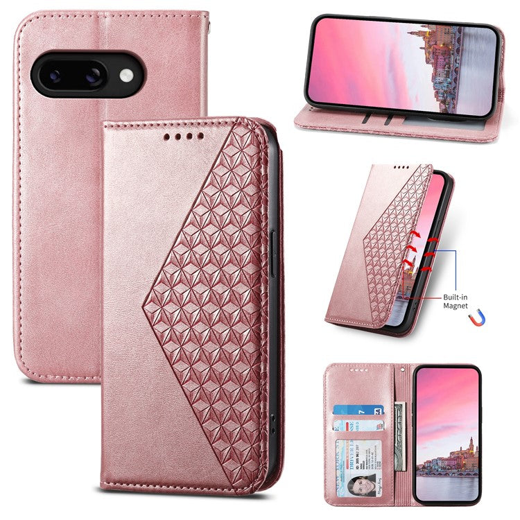 For Google Pixel 9a Case Calf Texture PU Leather Phone Cover with Wallet - Rose Gold